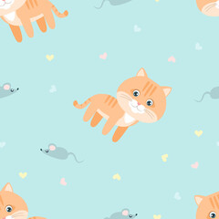Cute ginger cat and gray mouse on blue background. Children's seamless pattern with funny pets. Vector simple flat illustration of animals.