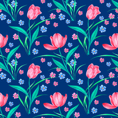Seamless floral pattern with tulips and daisies for textile, fabric, printing, packaging, wallpaper, wrapping paper. Watercolor
