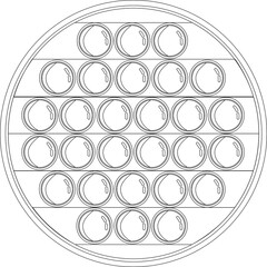 Anti-stress sensory toy. In the shape of a circle. On a white background. Black and white picture for coloring.