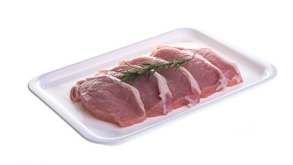 Raw pork meat in tray on white background