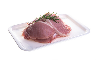 Raw pork meat in tray on white background