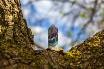 Magic still life with Gemstones fluorite crystal on nature background. Rocks for mystic ritual,...