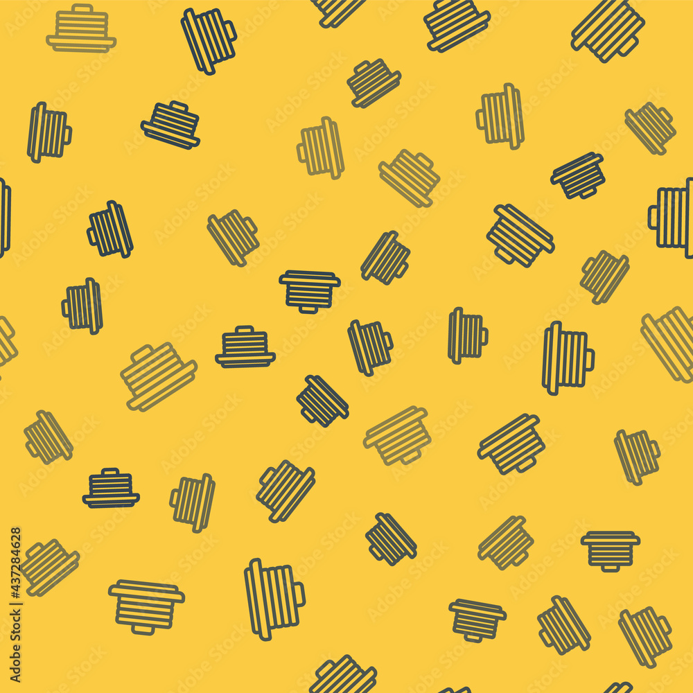 Poster blue line stack of pancakes icon isolated seamless pattern on yellow background. baking with syrup a