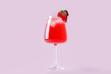 Cooling strawberry Sangria with sparkling wine, strawberry, ice cubes in champagne glass. Refreshing summer alcoholic cocktail drink , lemonade or ice tea. - obrazy, fototapety, plakaty