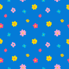 Vector seamless pattern with cute bright cartoon doodle-style flowers on a blue background. Children's illustration for postcards, pajamas, fabrics