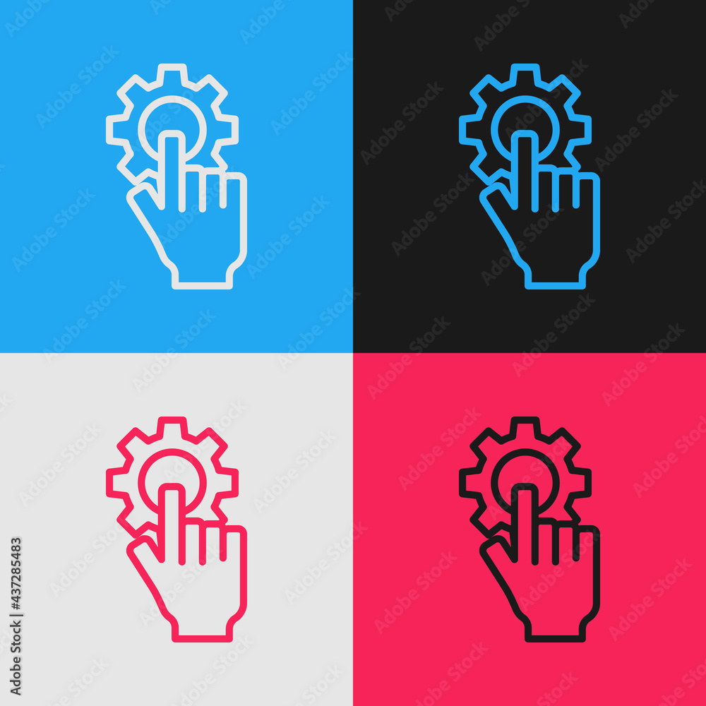 Poster pop art line settings in the hand icon isolated on color background. vector