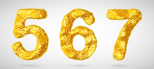 Set of golden 3D numbers. Shiny realistic gold nuggets in shape of numbers five, six, seven with shadows. Golden set for luxury, wealth and richness concepts, part 2 of 3. Vector illustration.