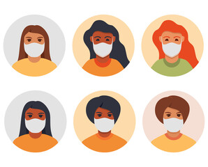 Woman brunette,redhead and brown-haired in face mask to prevent disease, flu, air pollution.African american girl avatar. Protection wear from coronavirus.Vector flat.