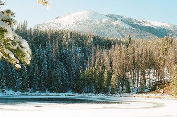 Winter Snow Covered Mountain, Forrest and Lake