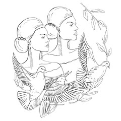 Graphic hand painted image of Women and Pigeons isolated on a white background.