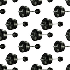 Oil pastel hand painted Pattern with Black Barbell on a white background. Powerlifting, Weightlifting, Sport seamless pattern. 