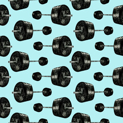 Oil pastel hand painted Pattern with black Barbell on a blue background. Powerlifting, Bodybuilding Sport. 