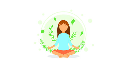 Abstract Flat Woman Meditation Cartoon People Character Concept Illustration Vector Design Style With Leaves