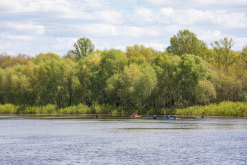 A group of athletes rowers on kayaks floating on the river.