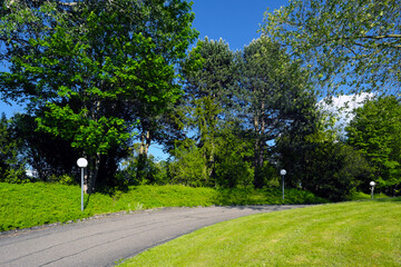 Geteerter Weg durch Park mit Kugelleuchten und Bäume und grüne Wiese und blauer Himmel bei...