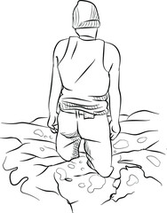 A person stuck in deep mud and trying to escape doodle style line art vector illustration
