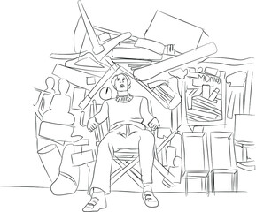 Someone surrounded by clutter, lot of items, too much stuff, stressed person doodle style line art illustration. 