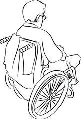 Back side of lonely man is sitting on wheelchair and looking at the distant dry autumn doodle style vector illustration. Vector line art concept for entry,lonely,forlorn,desolate, lonesome.