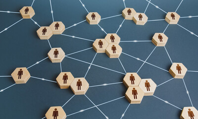 Network of interconnected people. Interactions between employees and working groups. Social business connections. Networking communication. Decentralized hierarchical system of company. Organization - obrazy, fototapety, plakaty