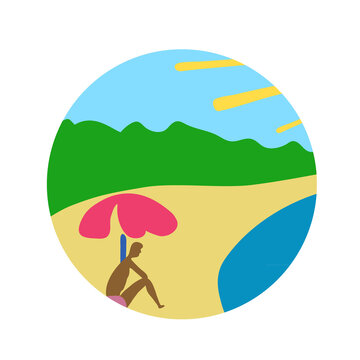Round logo icon of summer vacation on the beach Sun sky sea ocean symbol Sign man under umbrela Hand drawn doodle design Cartoon children's style Fashion print clothes apparel greeting invitation card