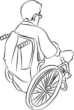 Back side of lonely man is sitting on wheelchair and looking at the distant dry autumn doodle style vector illustration. Vector line art concept for entry,lonely,forlorn,desolate, lonesome.