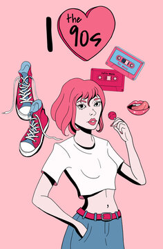 illustration with girl about 90s in cartoon style