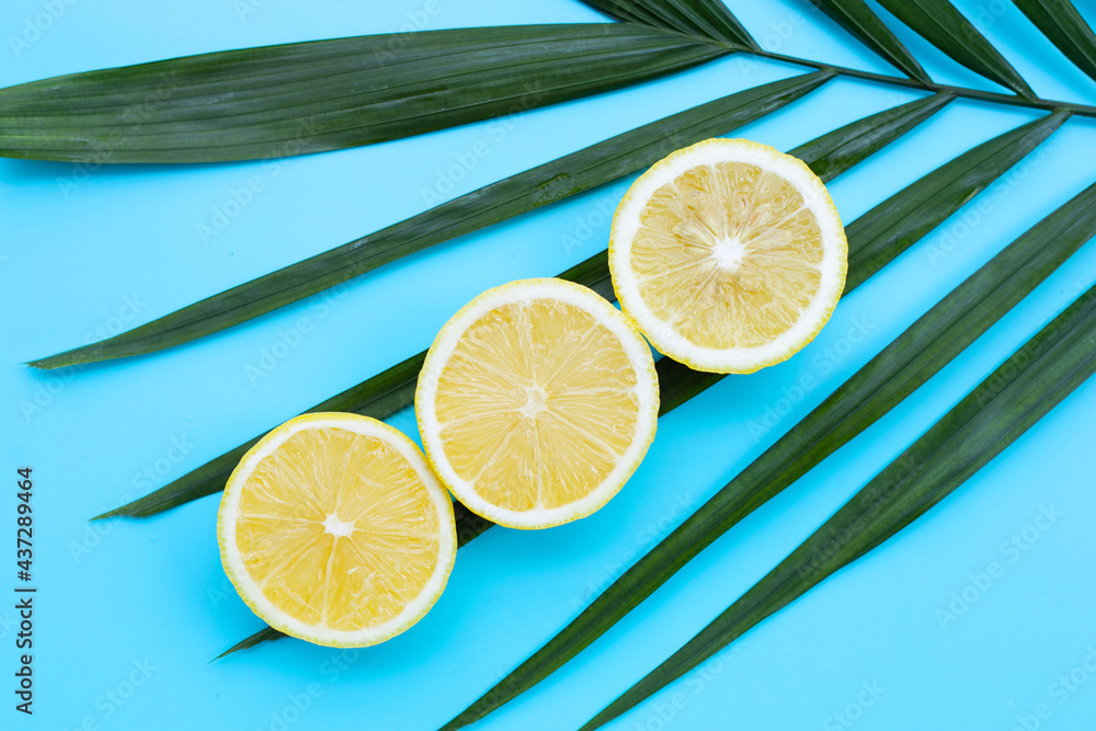 Wall mural fresh lemon on green leaves on blue surface