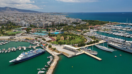 Fototapeta na wymiar Aerial drone photo of luxury yachts and sail boats anchored in famous port and marina of Faliro or Phaleron in South Athens riviera, Attica, Greece
