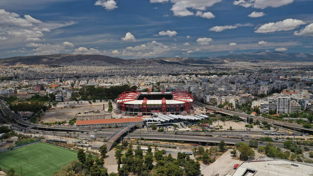Aerial drone photo of famous stadium of Olympiakos known as Karaiskaki stadium on a beautiful summer morning, Piraeus, Attica, Greece