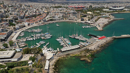 Aerial drone photo of beautiful round port of Mikrolimano or small port in the heart of Piraeus,...