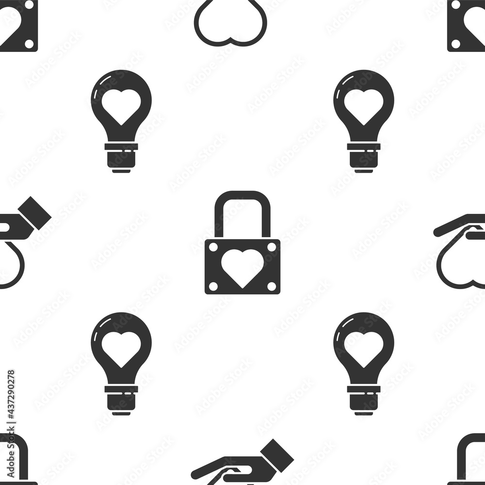 Poster set heart on hand, lock and heart and heart shape in a light bulb on seamless pattern. vector