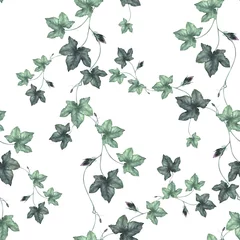 Schilderijen op glas Watercolor ivy leaves seamless pattern. Green floral and leaves background,  monochrome minimal pattern for nursery, wallpaper, apparel. Dusty green watercolor repeat pattern © Olga