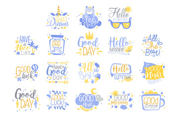 Fototapeta premium Collection of Motivational Quotes, Cute Sweet Inspirational Phrases, Nursery, Kids Holiday, Family Album Decoration Vector Illustration