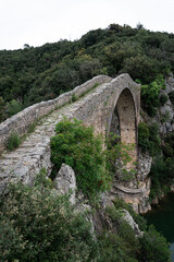 Beautiful view of an arch of the ancient bridge surrounded by trees on a gloomy day