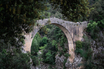 Beautiful view of an arch of the ancient bridge surrounded by trees on a gloomy day