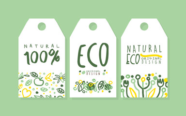 Eco Natural Tags Set, Green Eco Friendly Labels Vector Illustration