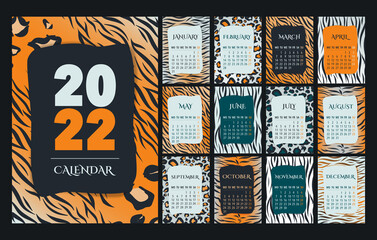 Calendar 2022 template, orange, green, peach, white and black desk calendar design. Week start On Monday, planner, stationery, wall calendar. Vector illustration with tiger pattern