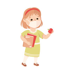 New Normal Lifestyle with Happy Girl Wearing Face Mask Holding Books Vector Illustration