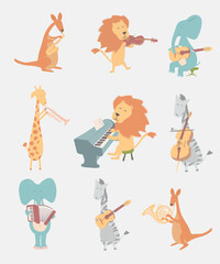 set of hand drawn animals with musical instruments