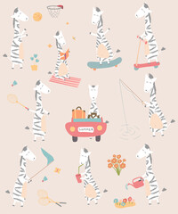 set of vector hand drawn illustration of zebra with texture on summer vacations