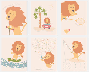 set of post cards with cartoon lion on summer vacations
