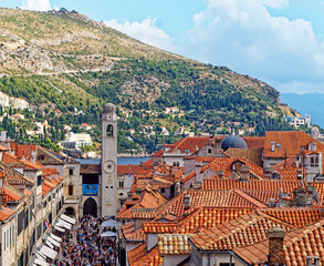 View from the medieval city walls of the tiled rooftops of Dubrovnik, Croatia - 437292076