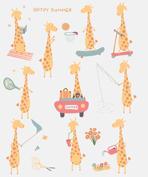 set of hand drawn vector illustration with giraffe on summer vacations
