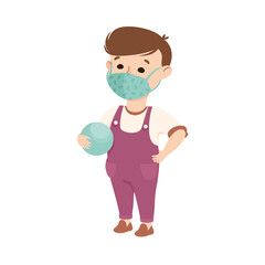 Happy Boy Wearing Face Mask Holding Ball as New Normal Lifestyle Vector Illustration