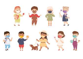 New Normal Lifestyle with Happy Kids Wearing Face Mask Engaged in Different Activities Vector Set