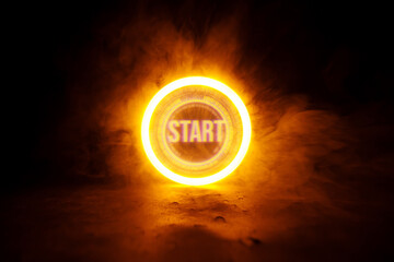 Sci Fi modern. Futuristic smoke. Neon color geometric circle with  inscription start on dark background. Round virtual screen. Holographic interface to display data.