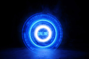 Sci Fi modern. Futuristic smoke. Neon color geometric circle with  inscription online on dark background. Round virtual screen. Holographic interface to display data.