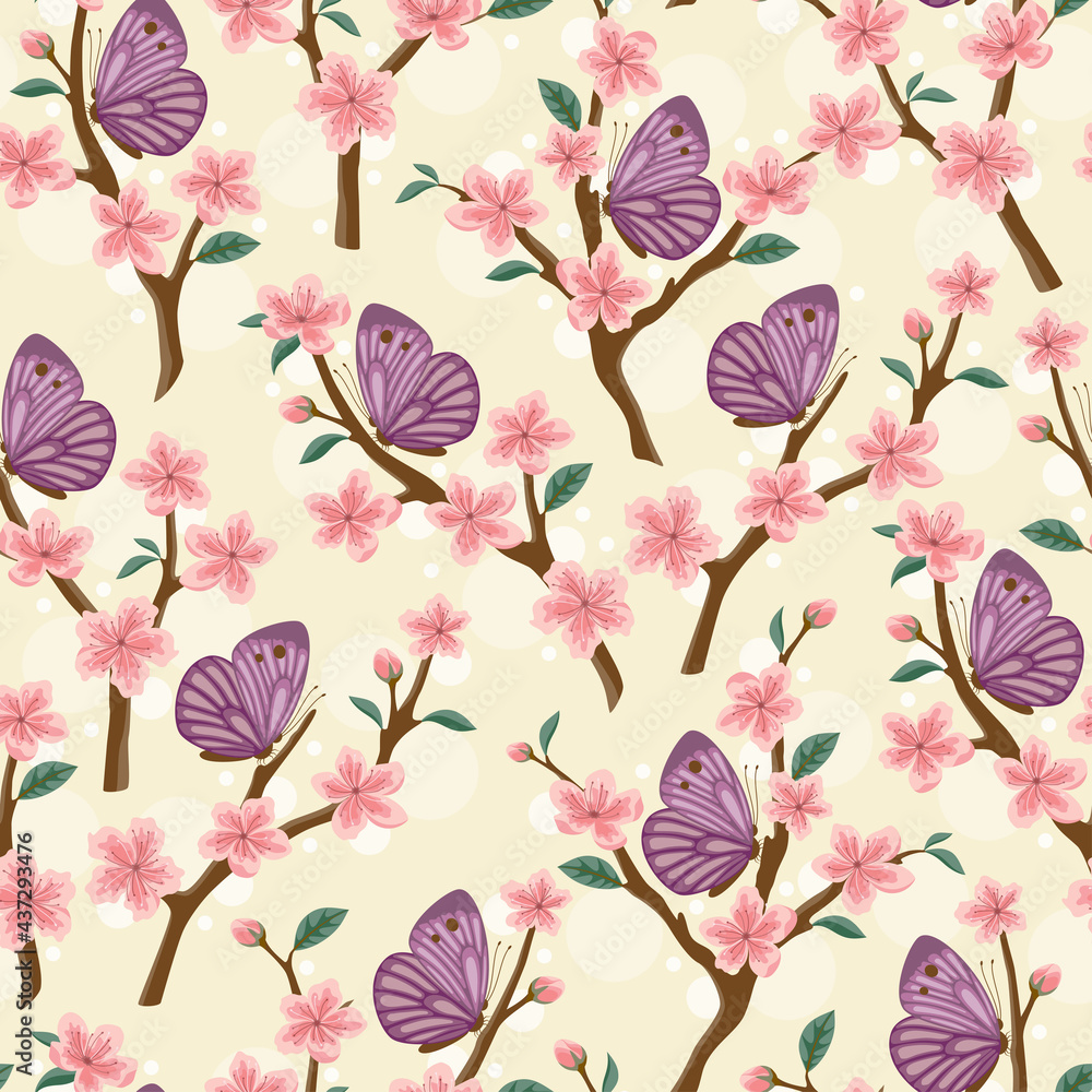 Wall mural Seamless background with sakura flowers and cabbage butterflies. Vector illustration. - Wall murals