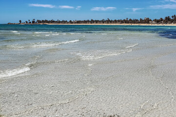 Wonderful view of the lagoon, seashore, white sand beach and blue sea. Djerba Island, Tunisia