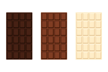 Vector illustration of a set of chocolate bars. Milk, white, bitter chocolate. Isolated on white background.
